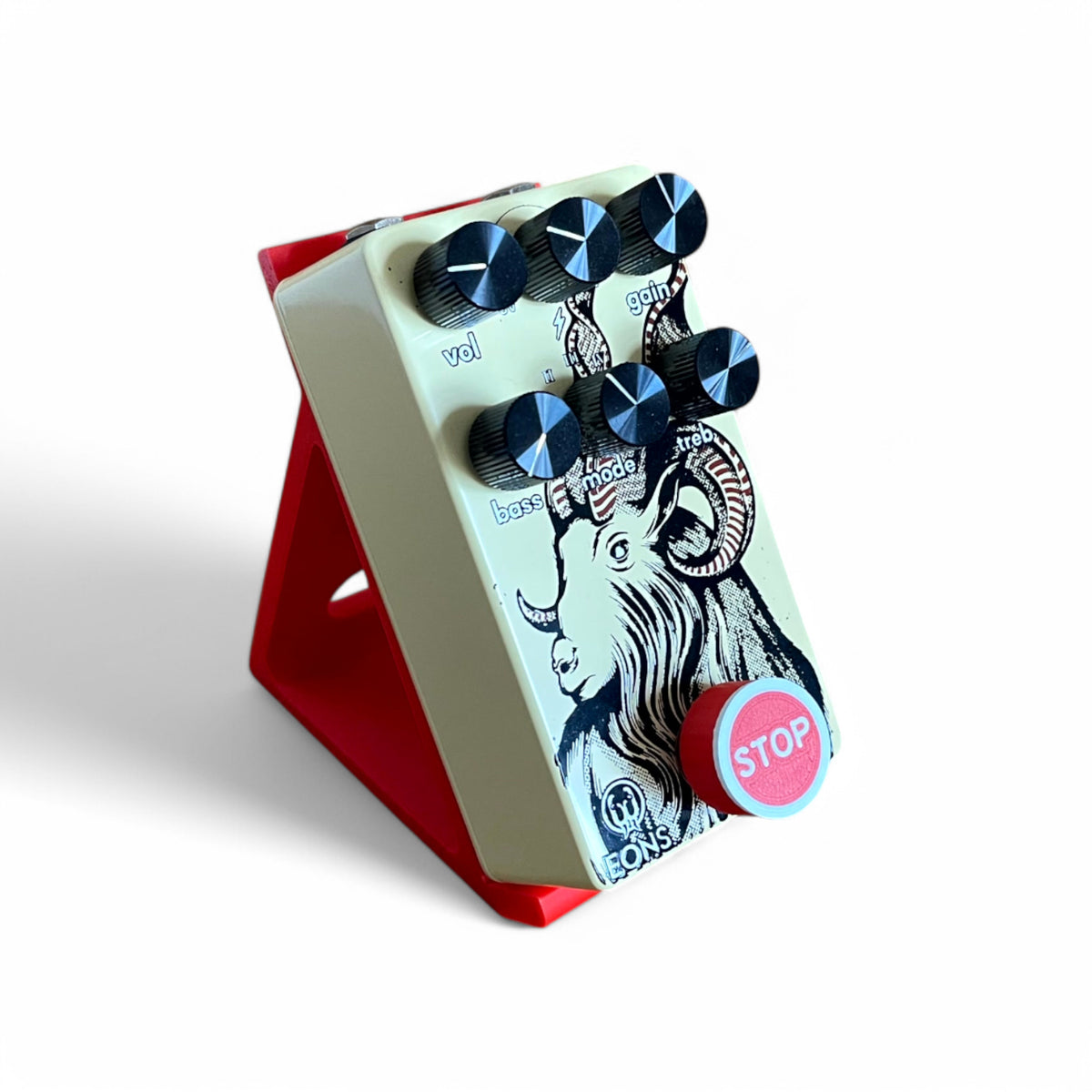 Guitar Pedal Footswitch Topper for 8.5mm / 10mm / 11mm Foot Switch. 3D printed Stop Sign in a Red and White Design by Cold Earth Industries, shown on Red guitar Pedal Stand on a Walrus Audio Eons on a white background.