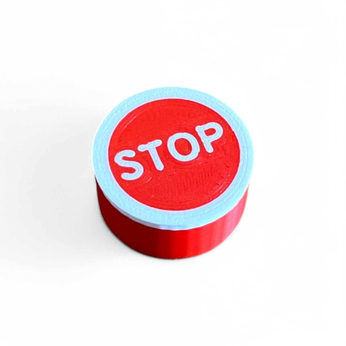 Guitar Pedal Footswitch Topper for 8.5mm / 10mm / 11mm Foot Switch. 3D printed Stop Sign in a Red and White Design by Cold Earth Industries, shown on a white background.