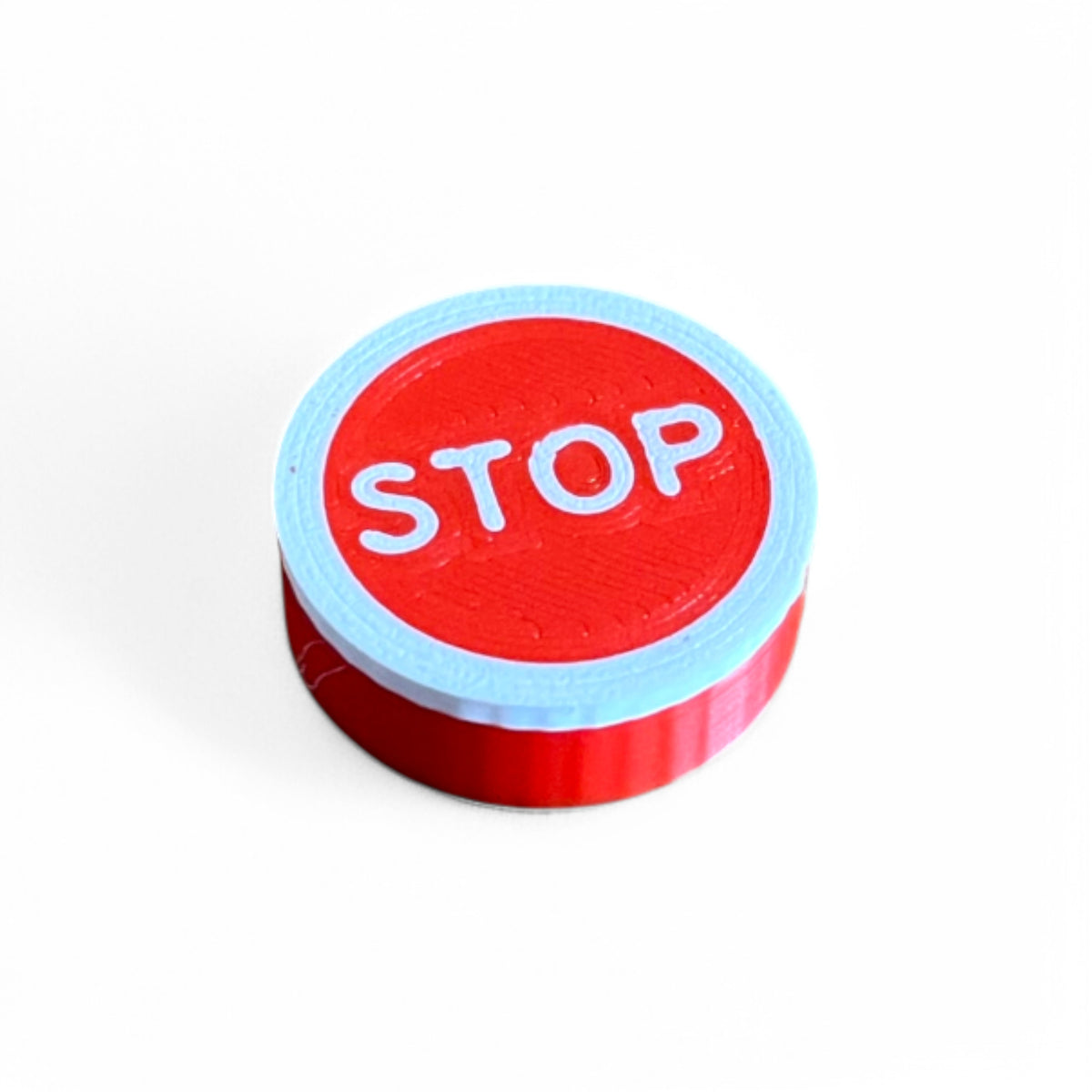 Low Profile Guitar Pedal Footswitch Topper for 8.5mm / 10mm / 11mm Foot Switch. 3D printed Stop Sign in a Red and White Design by Cold Earth Industries, shown on a white background.