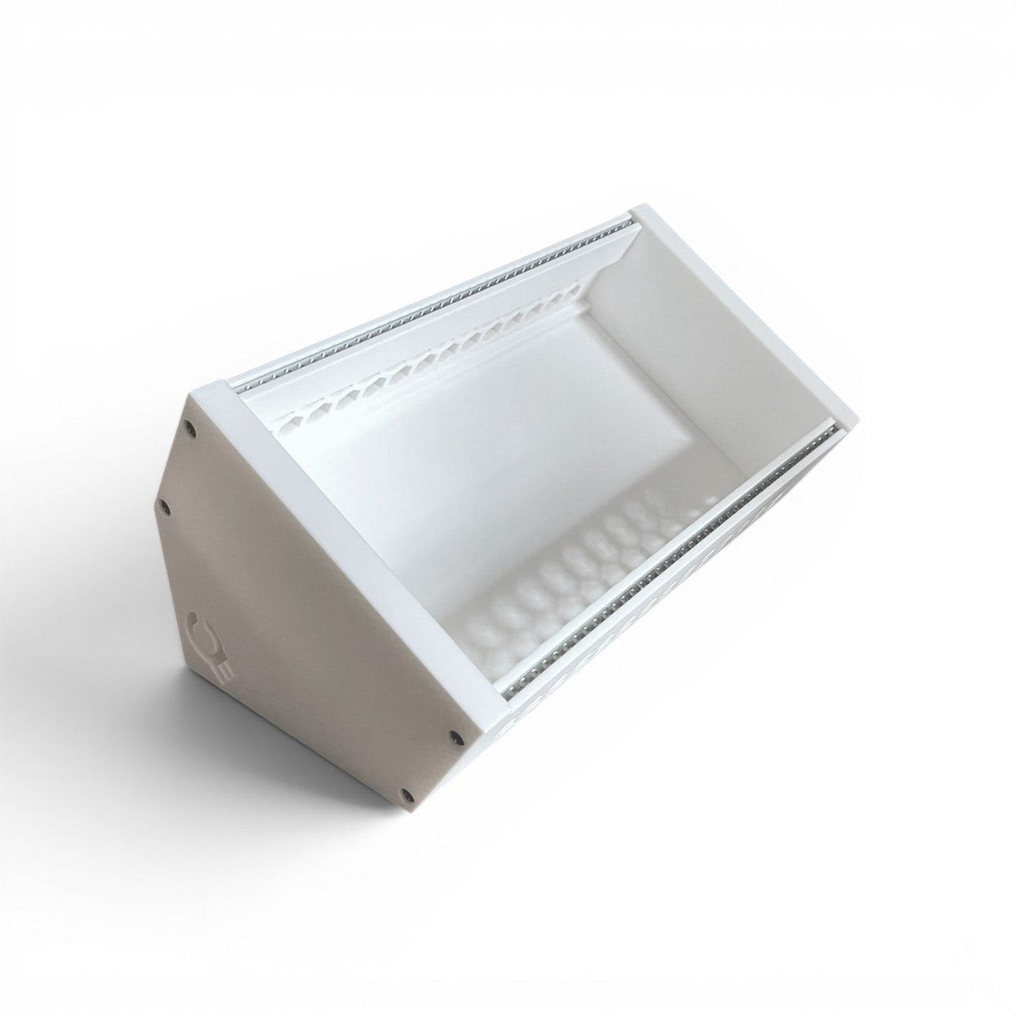3D printed 42HP 3U Eurorack modular synthesizer case by Cold Earth Industries, with white body and white side panels on a white background β custom desktop skiff enclosure.