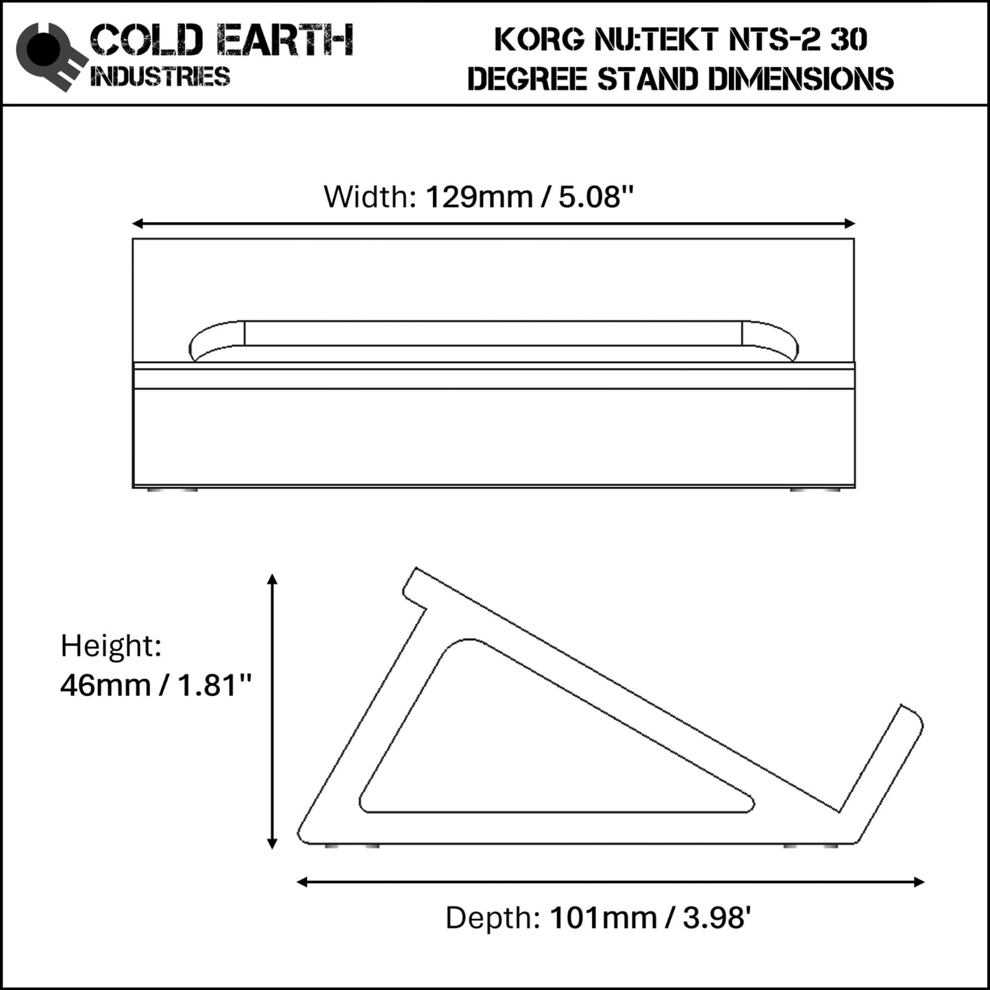 3D printed Korg Nu:Tekt NTS-2 Oscilloscope 30 degree stand dimensions by Cold Earth Industries, shown on a white background