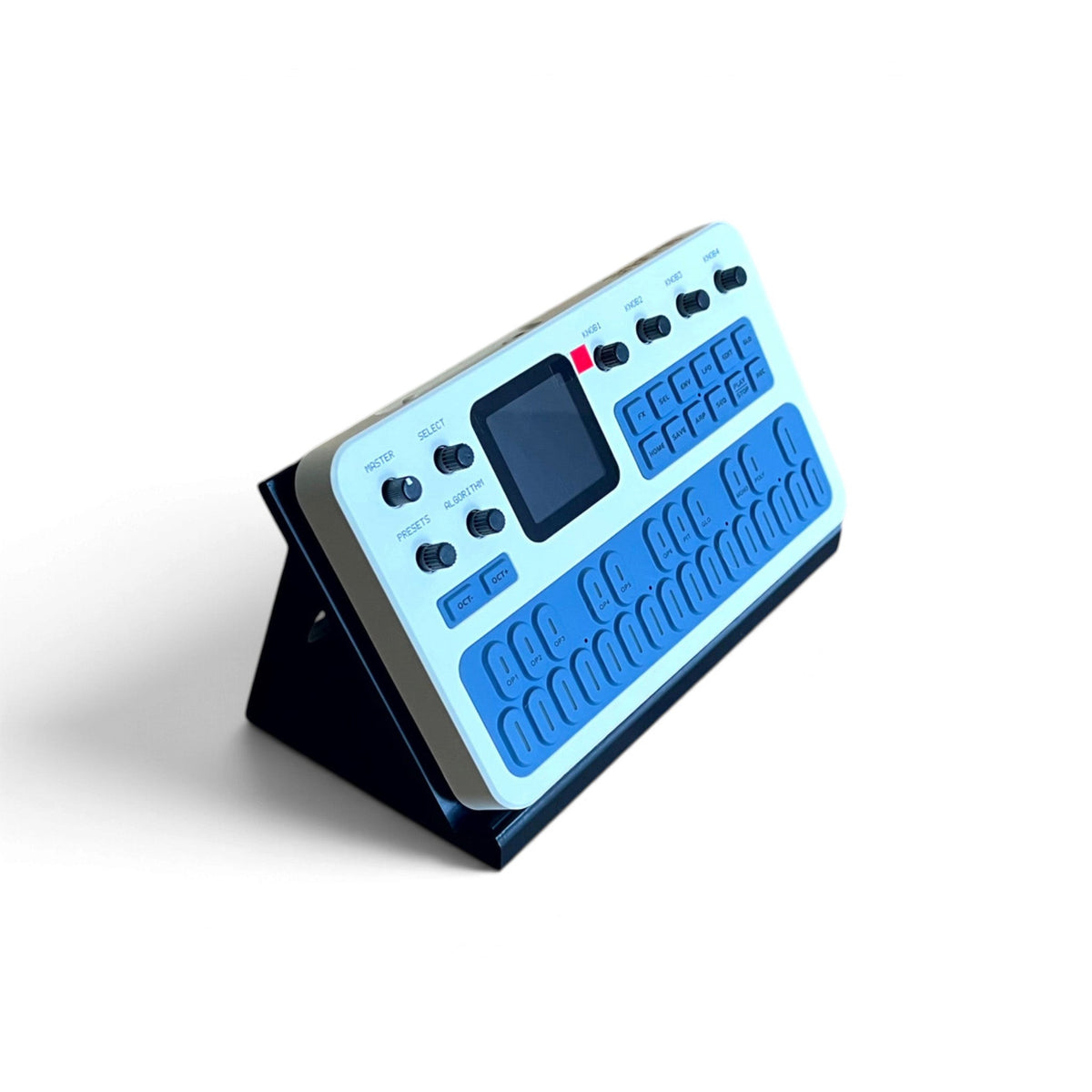 M-Vave FM-1 synth on a black 60 degree desktop stand by Cold Earth Industries, on a white background