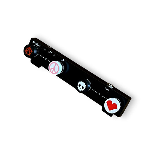 Low Profile Guitar Pedal Footswitch Topper for 8.5mm / 10mm / 11mm Foot Switch. 3D printed Mixed Set - Heart, Peace, Skull, Anarchy Design by Cold Earth Industries, shown on a guitar pedal, on a white background.