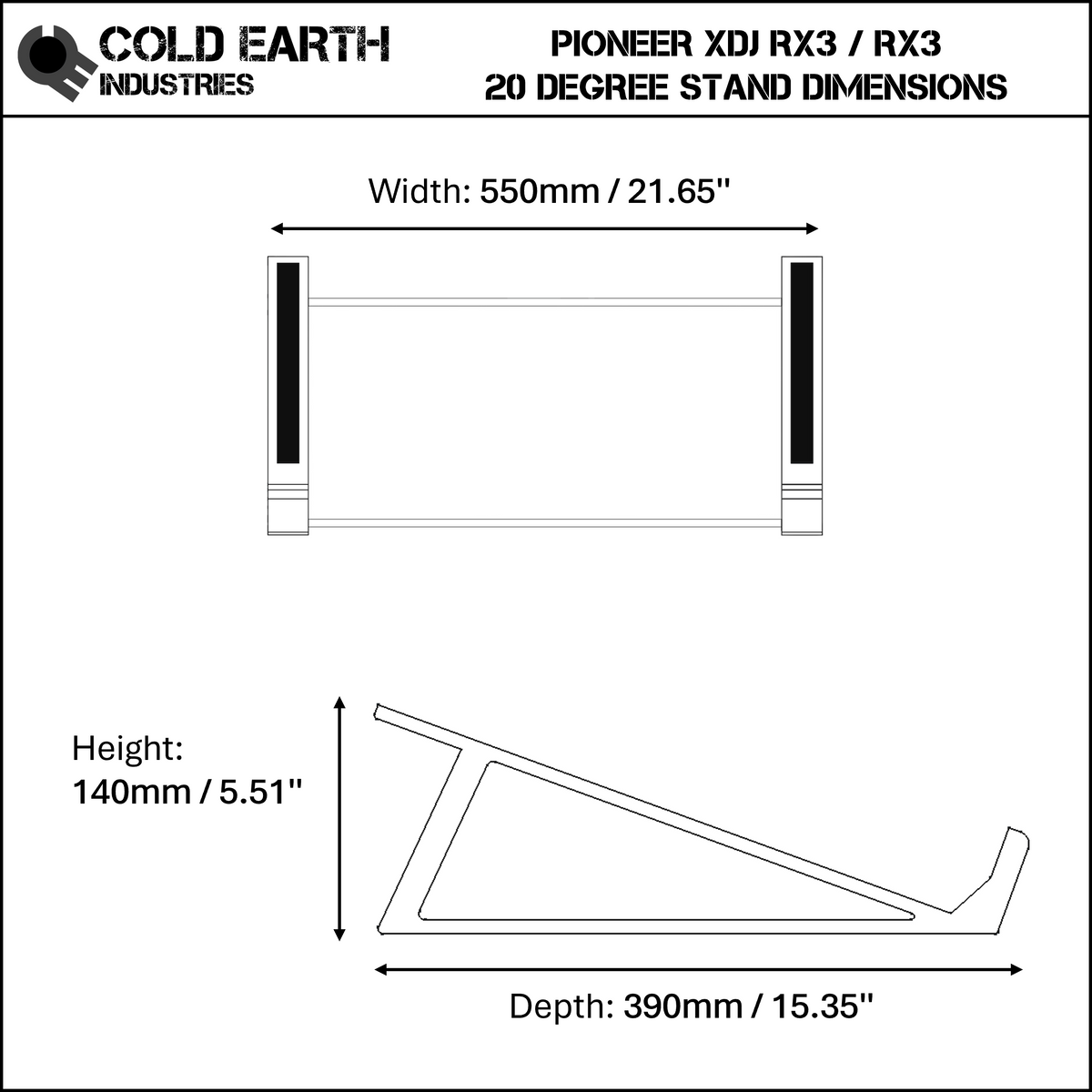 3D printed Pioneer XDJ RX2 / RX3 DJ Controller 20 degree stand dimensions by Cold Earth Industries on a white background