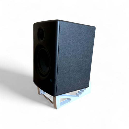 3D printed Presonus Eris E4.5 Studio Speaker / Monitor 0 - 24 degree stand holding a Presonus Eris 4.5 speaker, by Cold Earth Industries. Shown in white on a white background