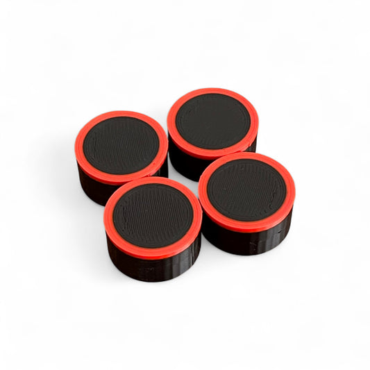 Set of 4 Guitar Pedal Footswitch Topper for 11MM Foot Switch. 3D printed Black Base and Red Ring Design by Cold Earth Industries, shown on a white background.