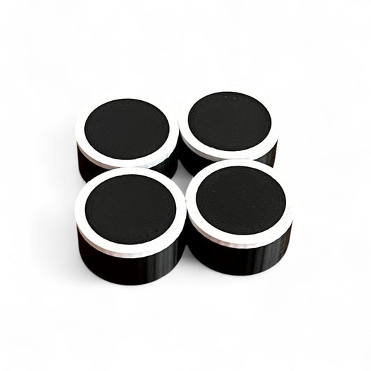 Set of 4 Guitar Pedal Footswitch Topper for 11MM Foot Switch. 3D printed Black Base and White Ring Design by Cold Earth Industries, shown on a white background.