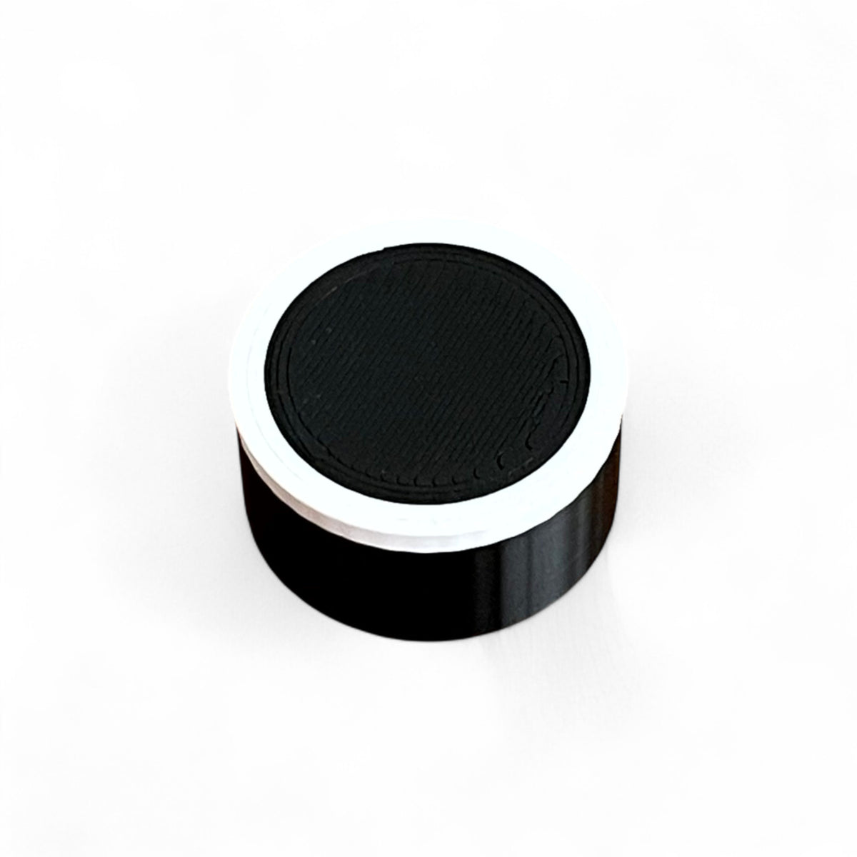 Guitar Pedal Footswitch Topper for 10MM Foot Switch. 3D printed Black Base and White Ring Design by Cold Earth Industries, shown on a white background.