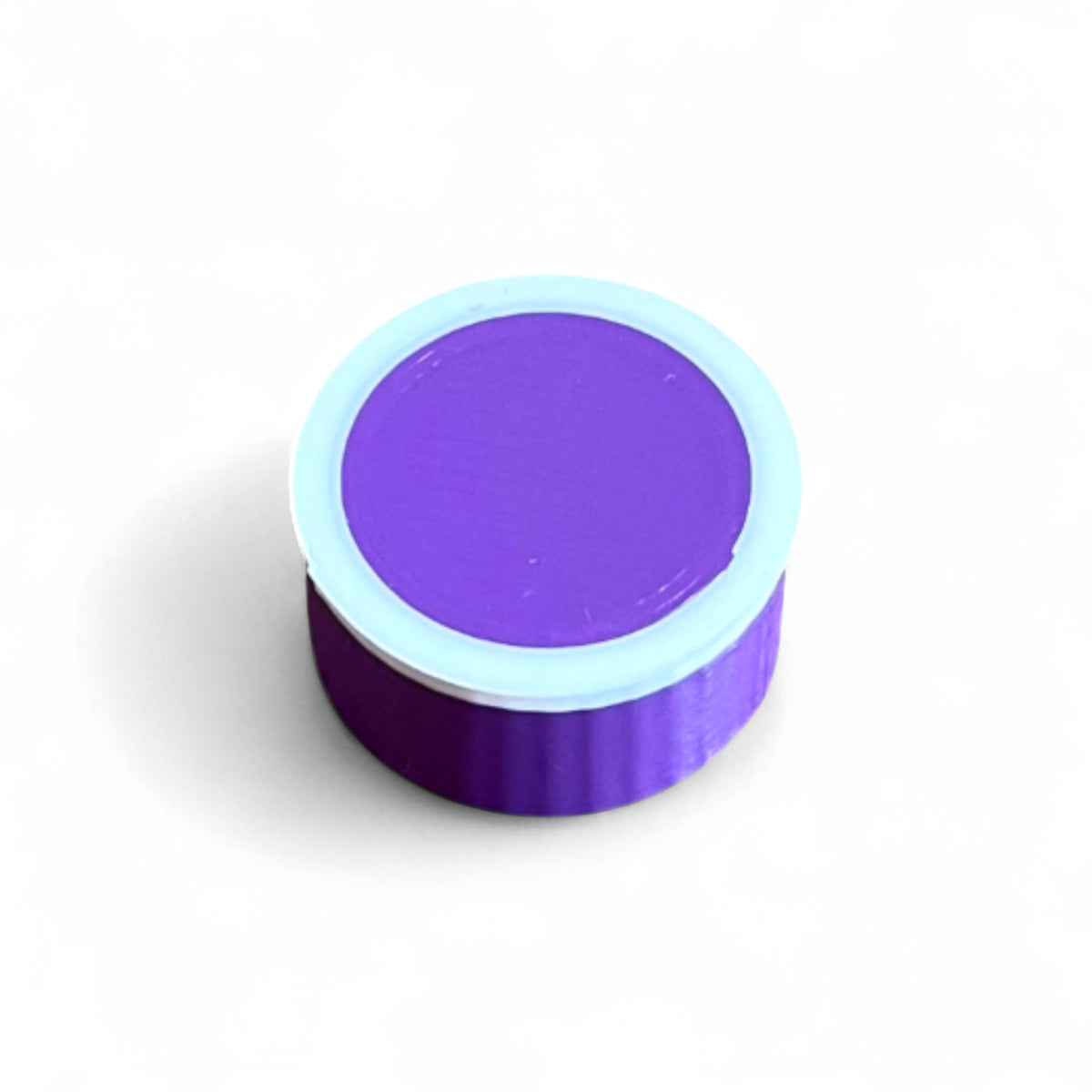 Guitar Pedal Footswitch Topper for 10MM Foot Switch. 3D printed Purple Base and White Ring Design by Cold Earth Industries, shown on a white background.
