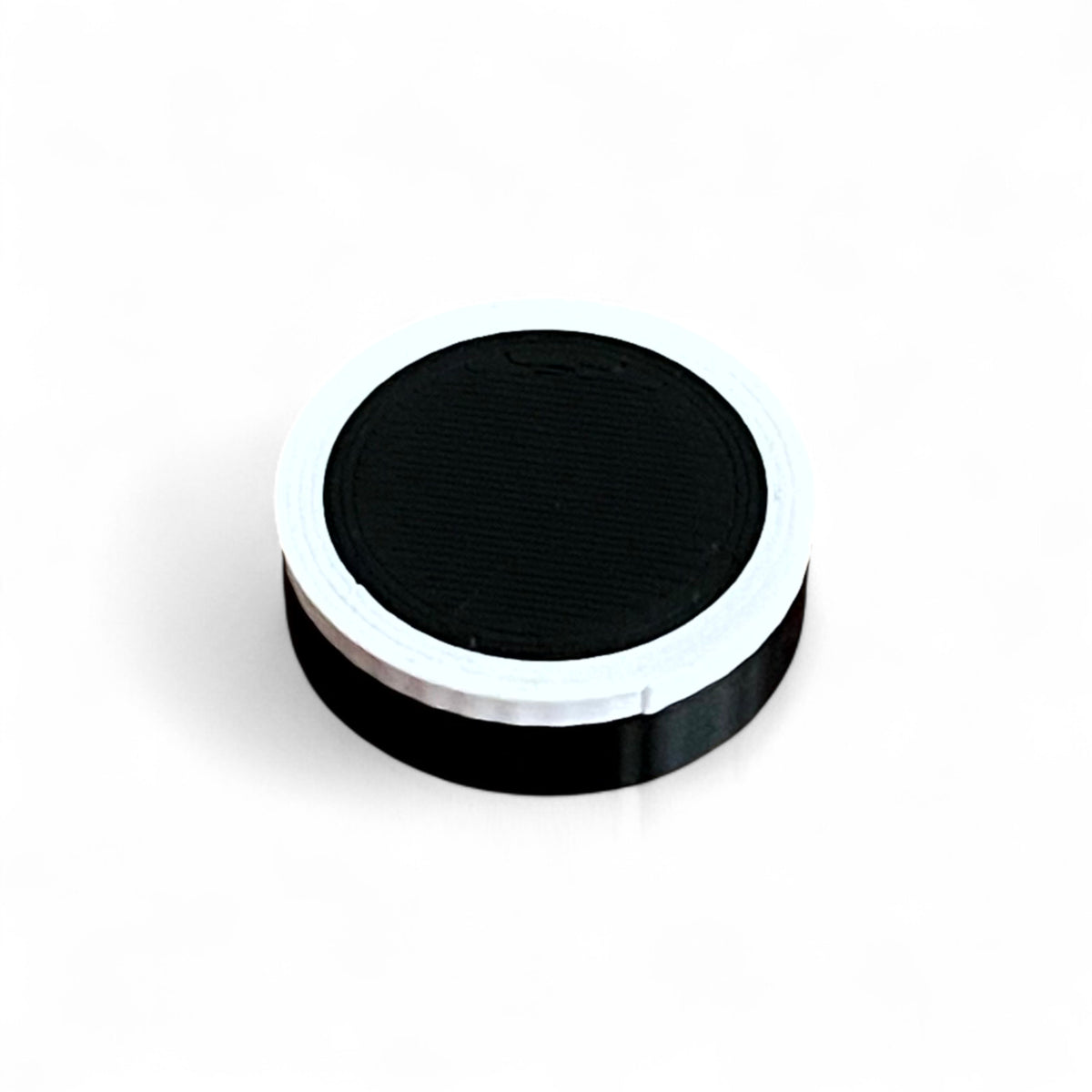 Guitar Pedal Footswitch Topper Low Profile for 8.5MM Foot Switch. 3D printed Black Base and White Ring Design by Cold Earth Industries, shown on a white background.