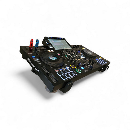 3D printed Pioneer XDJ RX2 / RX3 DJ Controller 20 degree stand by Cold Earth Industries, shown in black on a white background with Pioneer XDJ RX3