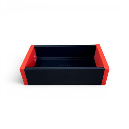 42HP 3U Eurorack Modular Synth Skiff Case show front view, in Black, with Red Side Panels – Compact & Versatile Desktop Enclosure