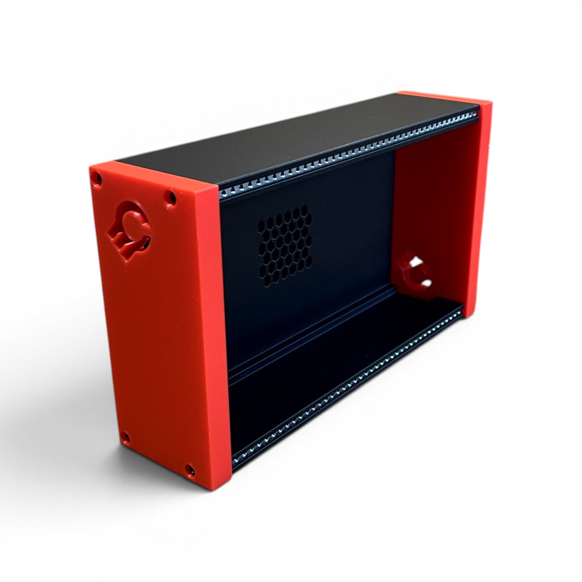 42HP 3U Eurorack Modular Synth Skiff Case show upright view, in Black, with Red Side Panels – Compact & Versatile Desktop Enclosure