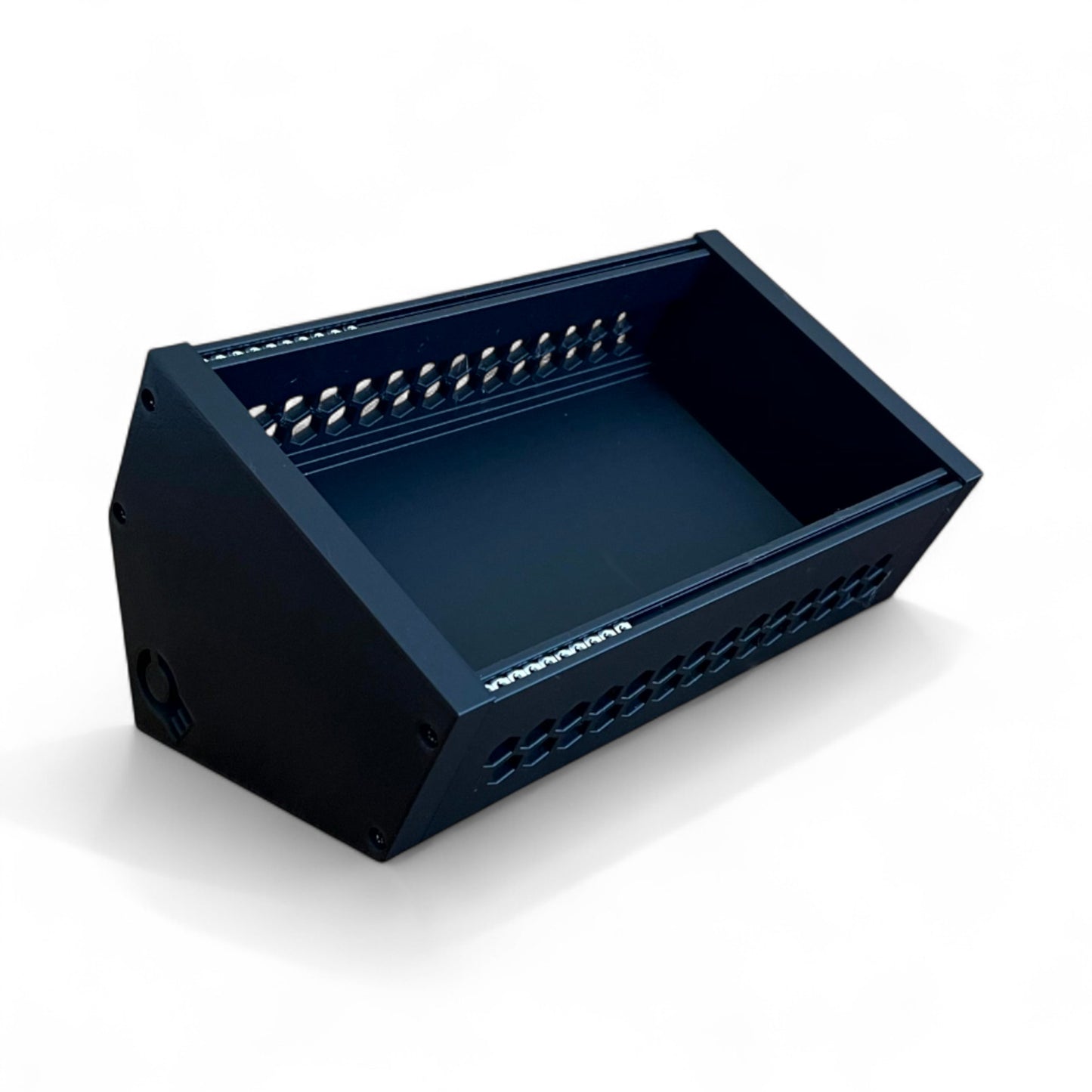 3D printed 42HP 3U Eurorack modular synthesizer case by Cold Earth Industries,  with black body and black side panels on a white background – custom desktop skiff enclosure.
