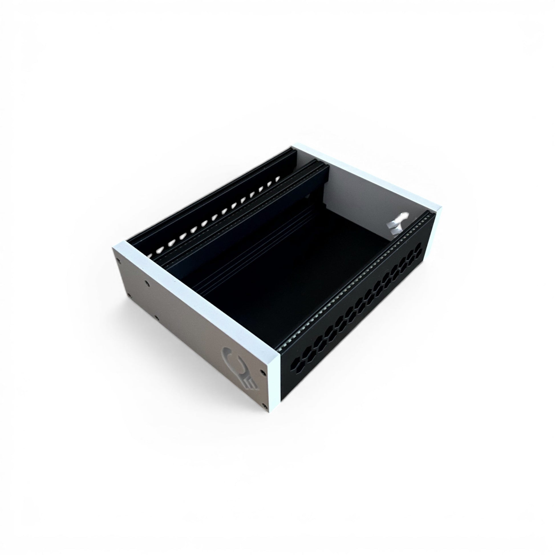 3D printed 42HP 4U Eurorack modular synthesizer case by Cold Earth Industries, shown with black body and white side panels on a white background – custom desktop skiff enclosure.