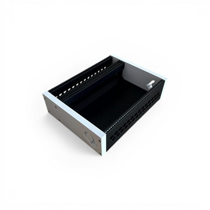 3D printed 42HP 4U Eurorack modular synthesizer case by Cold Earth Industries, shown with black body and white side panels on a white background – custom desktop skiff enclosure.