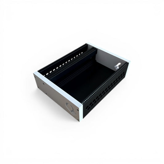 3D printed 42HP 4U Eurorack modular synthesizer case by Cold Earth Industries, shown with black body and white side panels on a white background – custom desktop skiff enclosure.