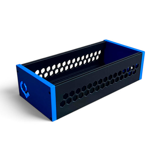 3D printed 52HP 3U Eurorack modular synthesizer case by Cold Earth Industries, shown with black body and blue side panels on a white background – custom desktop skiff enclosure.