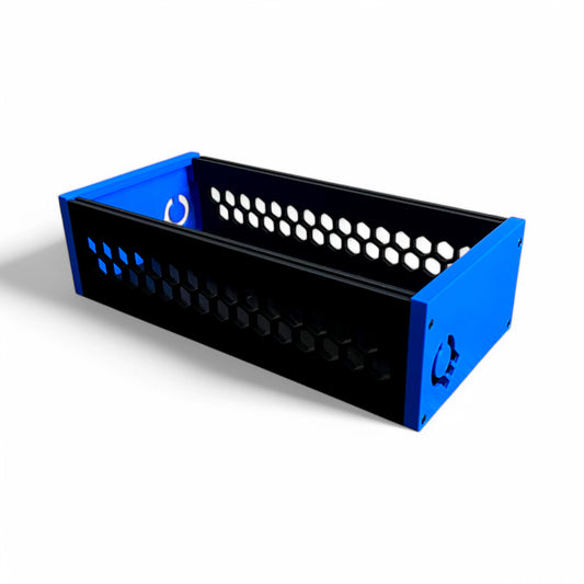 3D printed 52HP 3U Eurorack modular synthesizer case by Cold Earth Industries, shown reverse front view with black body and blue side panels on a white background – custom desktop skiff enclosure.