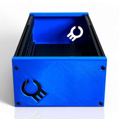3D printed 52HP 3U Eurorack modular synthesizer case by Cold Earth Industries, shown side view with black body and blue side panels on a white background – custom desktop skiff enclosure.