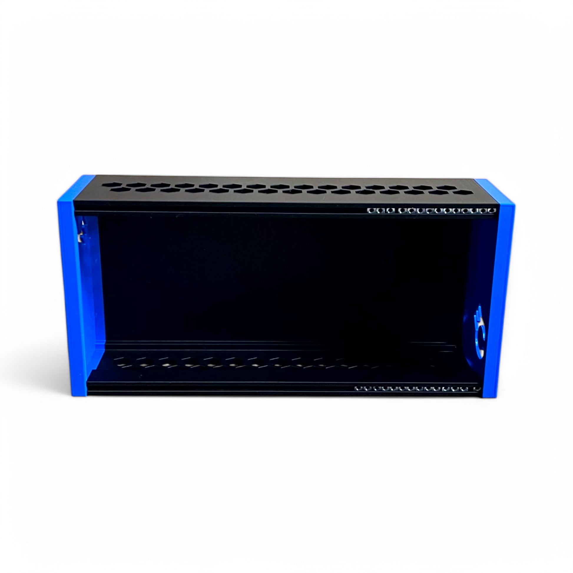 3D printed 52HP 3U Eurorack modular synthesizer case by Cold Earth Industries, shown upright front view with black body and blue side panels on a white background – custom desktop skiff enclosure.