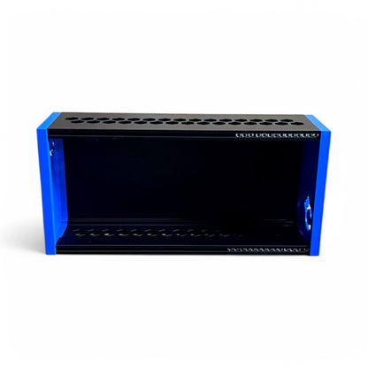 3D printed 52HP 3U Eurorack modular synthesizer case by Cold Earth Industries, shown upright front view with black body and blue side panels on a white background – custom desktop skiff enclosure.