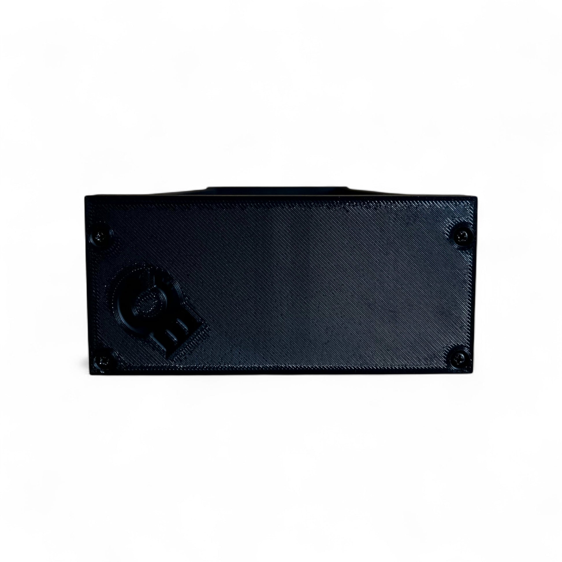 3D printed 62HP 3U Eurorack modular synthesizer case by Cold Earth Industries, shown with black body and black side panels, side view, on a white background – custom desktop skiff enclosure.