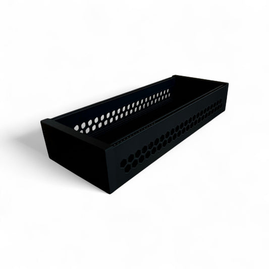 3D printed 62HP 3U Eurorack modular synthesizer case by Cold Earth Industries, shown with black body and black side panels on a white background – custom desktop skiff enclosure.