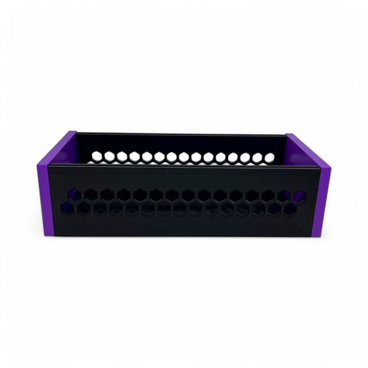 3D printed 62HP 3U Eurorack modular synthesizer case by Cold Earth Industries, shown front view with black body and purple side panels on a white background – custom desktop skiff enclosure.