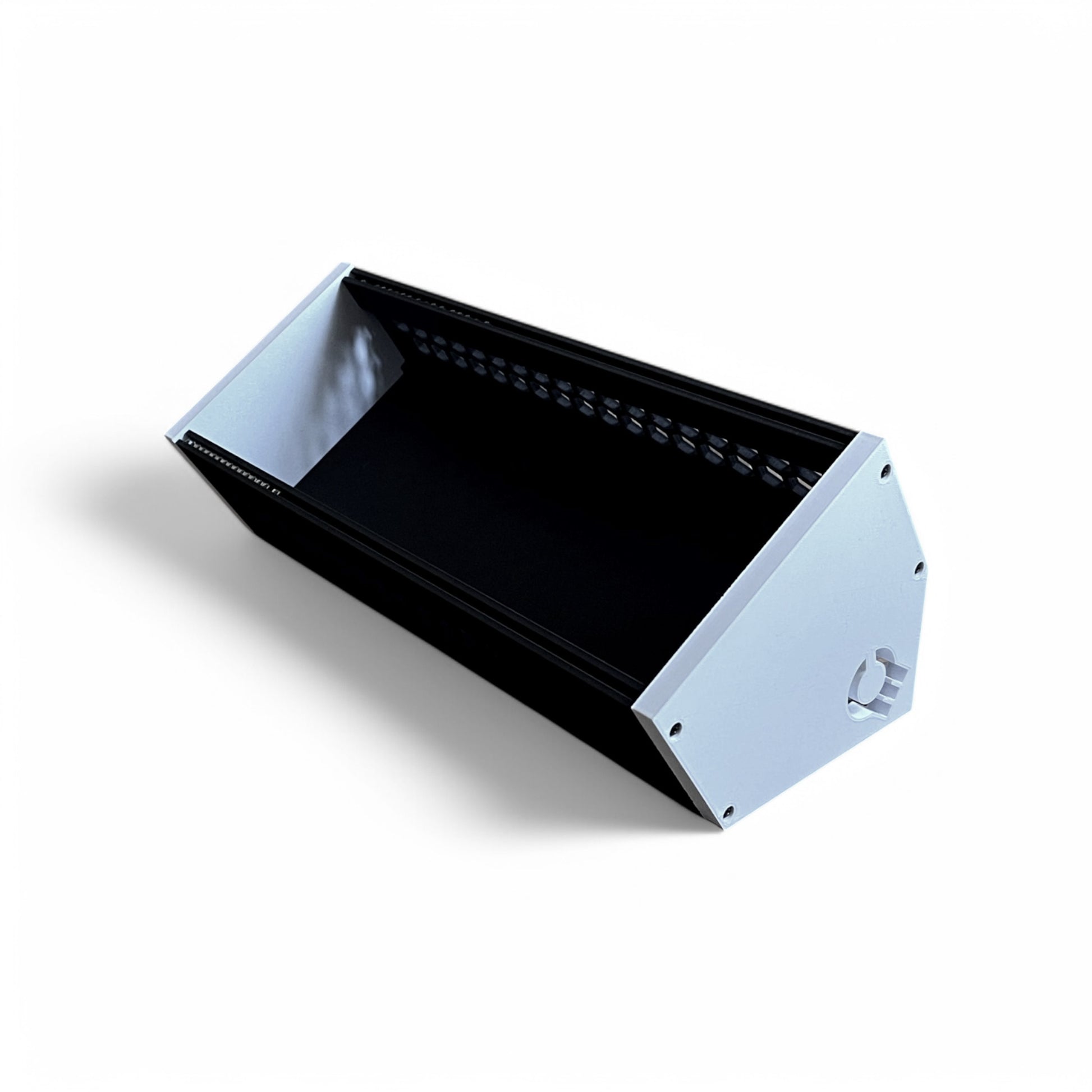 3D printed 62HP 3U Eurorack modular synthesizer case by Cold Earth Industries, shown reverse front view with black body and white side panels on a white background – custom desktop skiff enclosure.