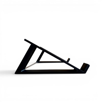 3D printed Akai MPC Live II Standalone Music Production Center 30 degree desktop stand by Cold Earth Industries, shown side view, in black, on a white background