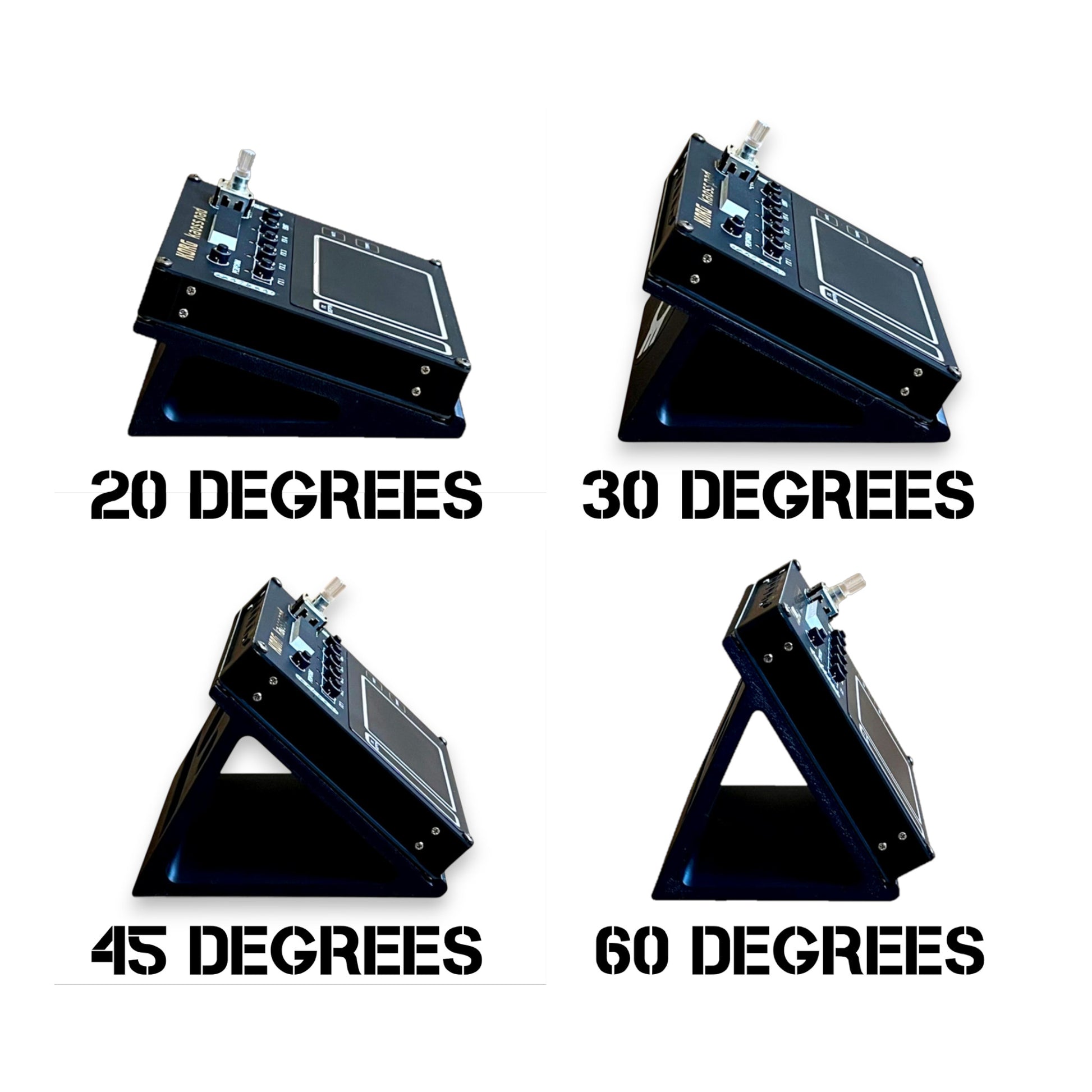 Korg NTS-3 stand with Korg NTS-3 showing available angles labeled 20, 30, 45, and 60 degrees on a white background.