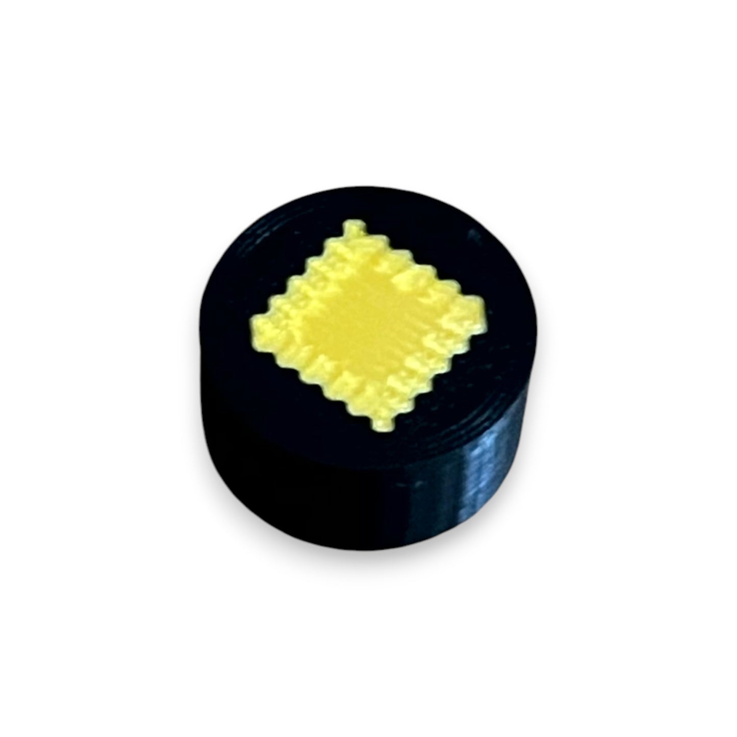 Black and Gold Diamond Guitar Pedal Footswitch Toppers for 8.5mm / 10mm / 11mm Foot Switches. 3D printed by Cold Earth Industries, shown on a black topper with a gold Diamond icon on top, against a white background.