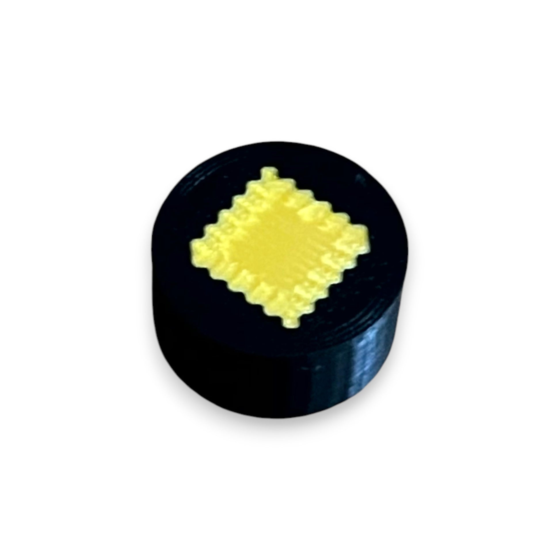 Black and Gold Diamond Guitar Pedal Footswitch Toppers for 8.5mm / 10mm / 11mm Foot Switches. 3D printed by Cold Earth Industries, shown on a black topper with a gold Diamond icon on top, against a white background.