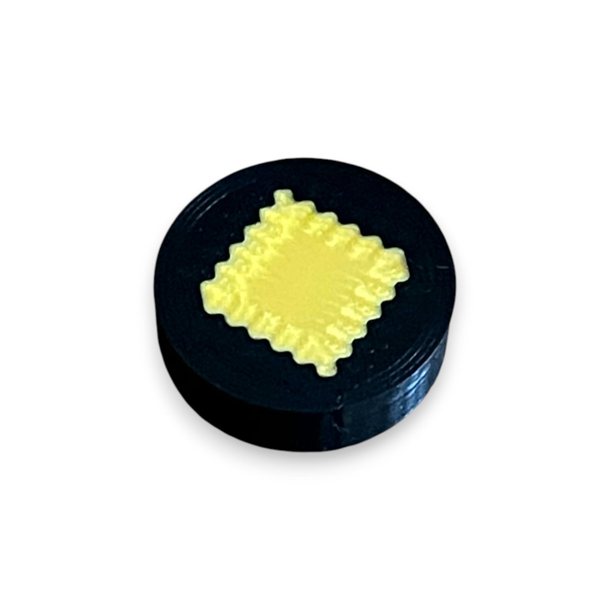 Black and Gold Diamond Low Profile Guitar Pedal Footswitch Toppers for 8.5mm / 10mm / 11mm Foot Switches. 3D printed by Cold Earth Industries, shown on a black topper with a gold Diamond icon on top, against a white background.