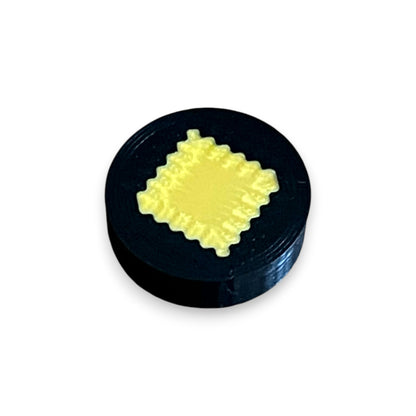 Black and Gold Diamond Low Profile Guitar Pedal Footswitch Toppers for 8.5mm / 10mm / 11mm Foot Switches. 3D printed by Cold Earth Industries, shown on a black topper with a gold Diamond icon on top, against a white background.