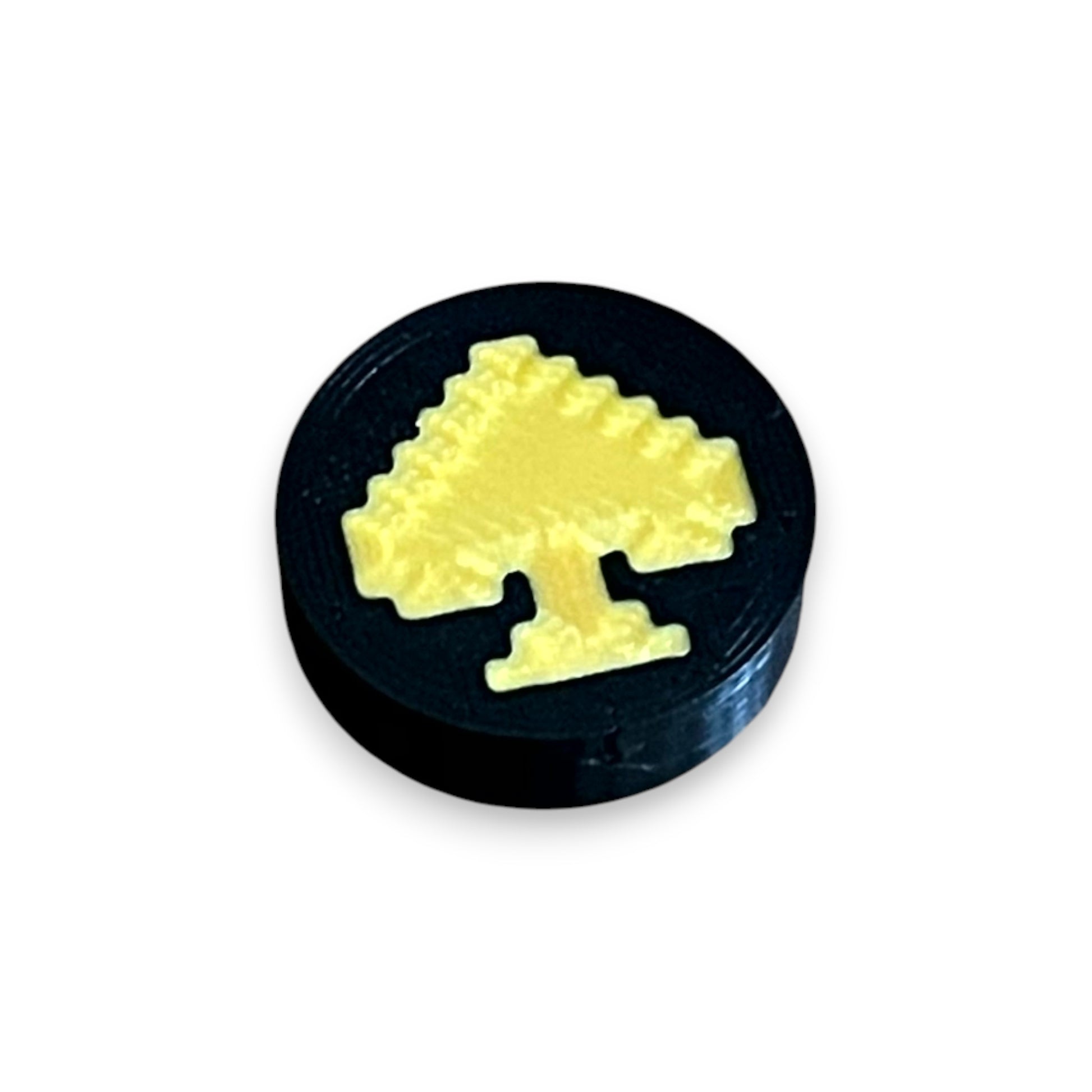 Black and Gold Spade Low Profile Guitar Pedal Footswitch Toppers for 8.5mm / 10mm / 11mm Foot Switches. 3D printed by Cold Earth Industries, shown on a black topper with a gold spade icon on top, against a white background.