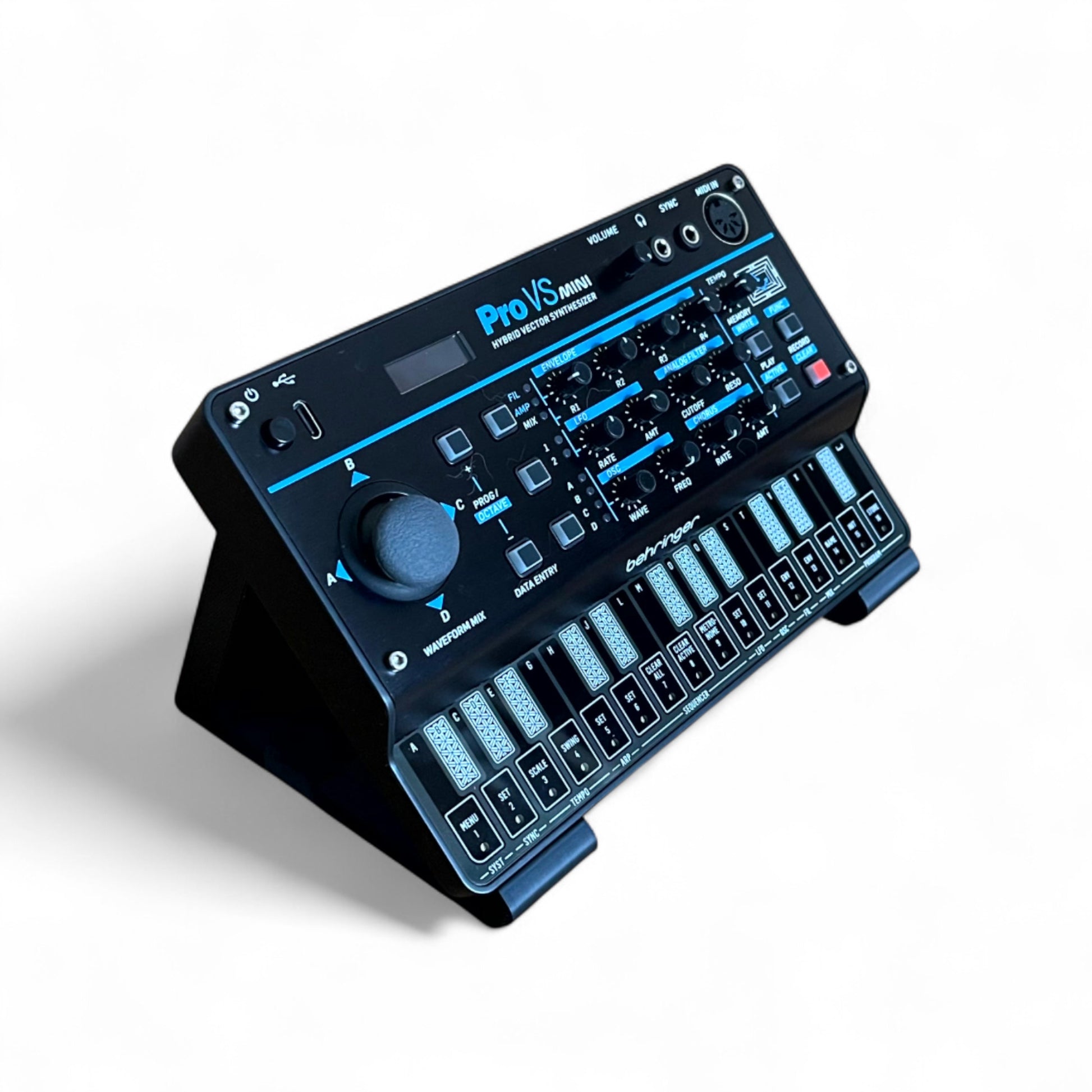 3D printed Behringer Pro VS Mini JT PHARA-O Synth 45 degree stand by Cold Earth Industries, shown in black on a white background – custom desktop stands.