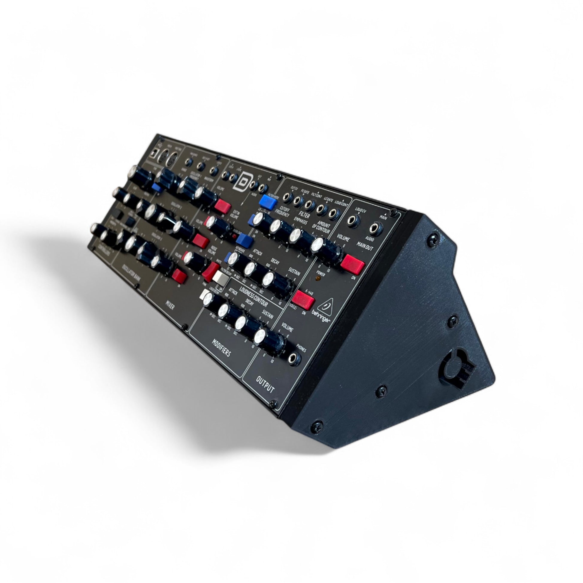3D printed Behringer Synthesizer Solid Side Panels Synth stand by Cold Earth Industries, shown in black on a white background with Behringer Model D (not included) – custom desktop stands.
