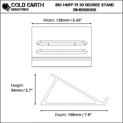 Dimensions of a 3D printed ElectroHarmonix Big Muff Pi Guitar Pedal 30 Degree stand by Cold Earth Industries,  on a white background