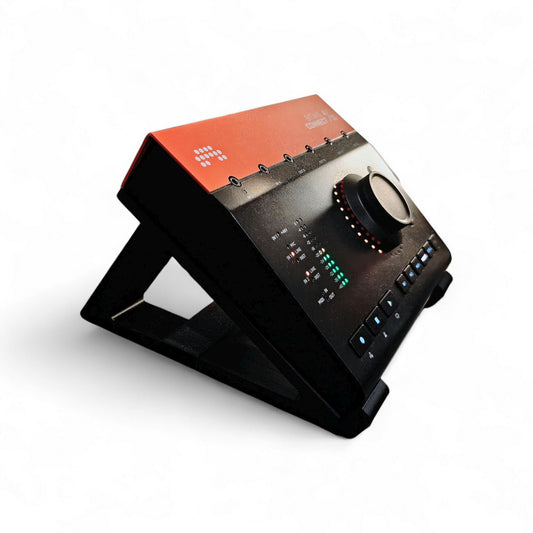 3D printed Bitwig Connect Audio Interface 30 degree stand by Cold Earth Industries, shown in black on a white background, holding a Bitwig Connect