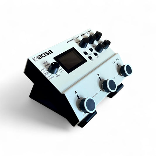 Boss DD-500, MD-500, VE-500, RC-500 and RV-500 Series Guitar Pedal  Stand | 3D Printed Guitar Pedal Stand | Cold Earth Industries - 30 Degree 3D printed stand in Black on a white background holding Boss DD-500