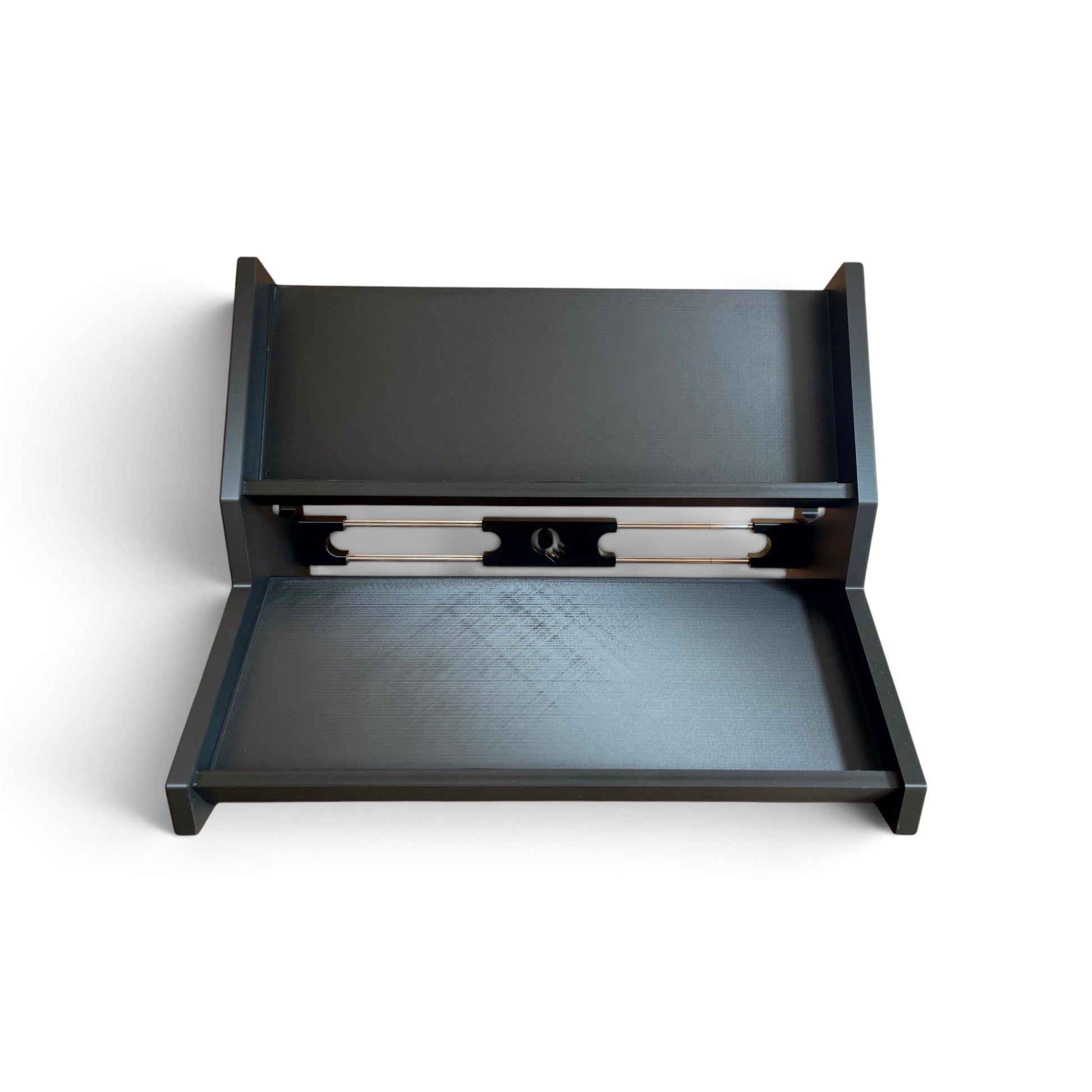 3D printed 2-Tier Guitar Pedal / Synthesizer Desktop Stand | 30 / 60 Degrees | 400mm Width stand by Cold Earth Industries, shown front view, in black on a white background – custom desktop stands.