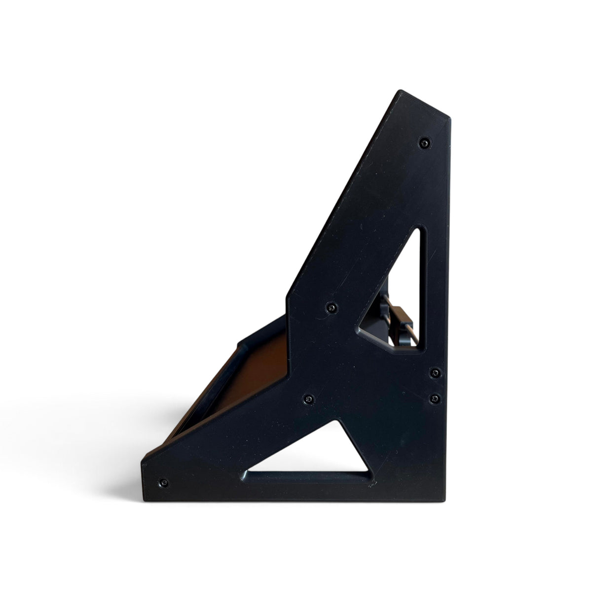 3D printed 2-Tier Guitar Pedal / Synthesizer Desktop Stand | 30 / 60 Degrees | 400mm Width stand by Cold Earth Industries, shown side view, in black on a white background – custom desktop stands.
