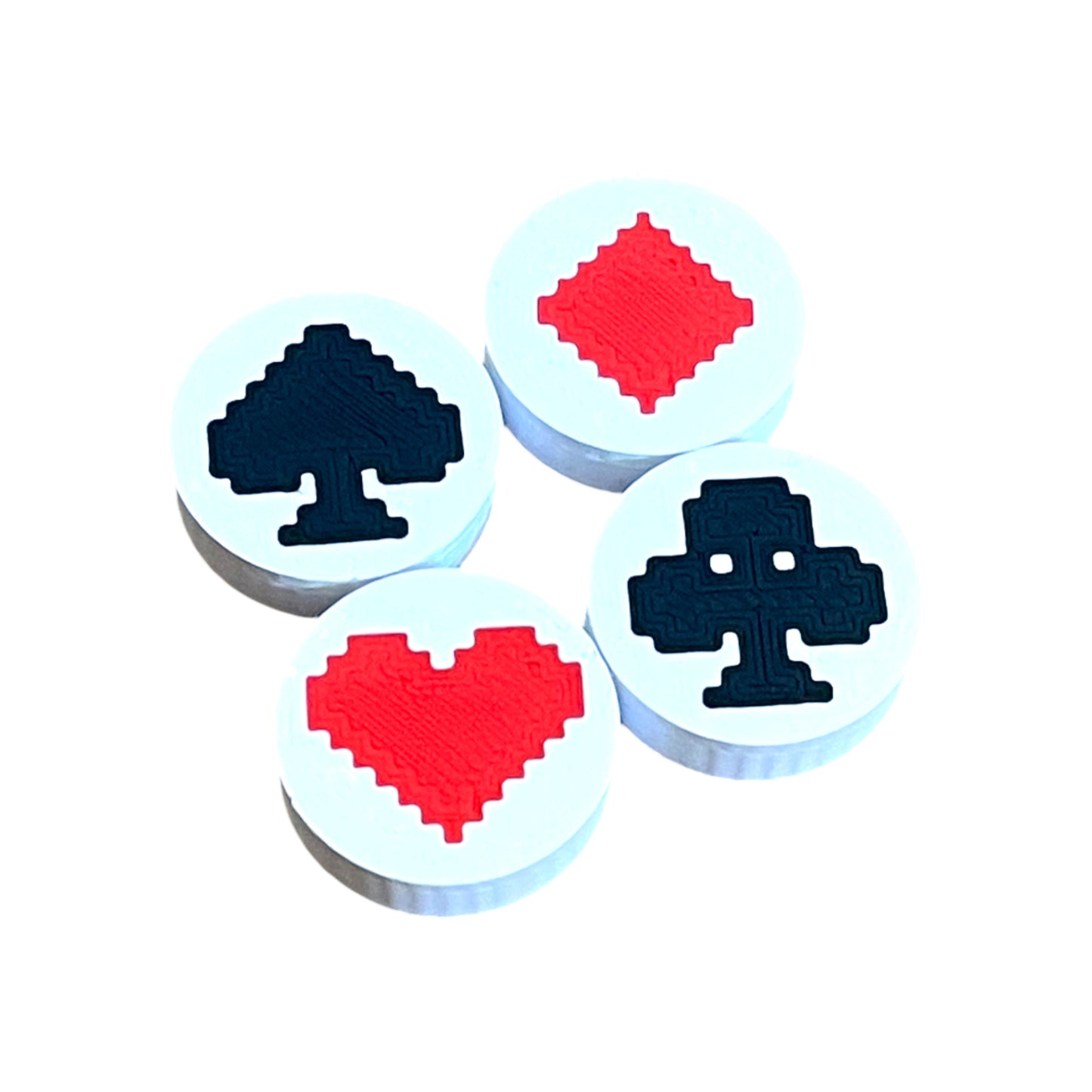 Set of 4 Low Profile Card Suit Guitar Pedal Footswitch Toppers for 8.5mm / 10mm / 11mm Foot Switches. 3D printed by Cold Earth Industries, shown on a white background.