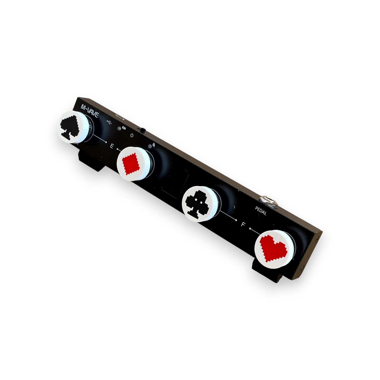 Set of 4 Low Profile Card Suit Guitar Pedal Footswitch Toppers for 8.5mm / 10mm / 11mm Foot Switches. 3D printed by Cold Earth Industries, shown on a guitar pedal, on a white background.