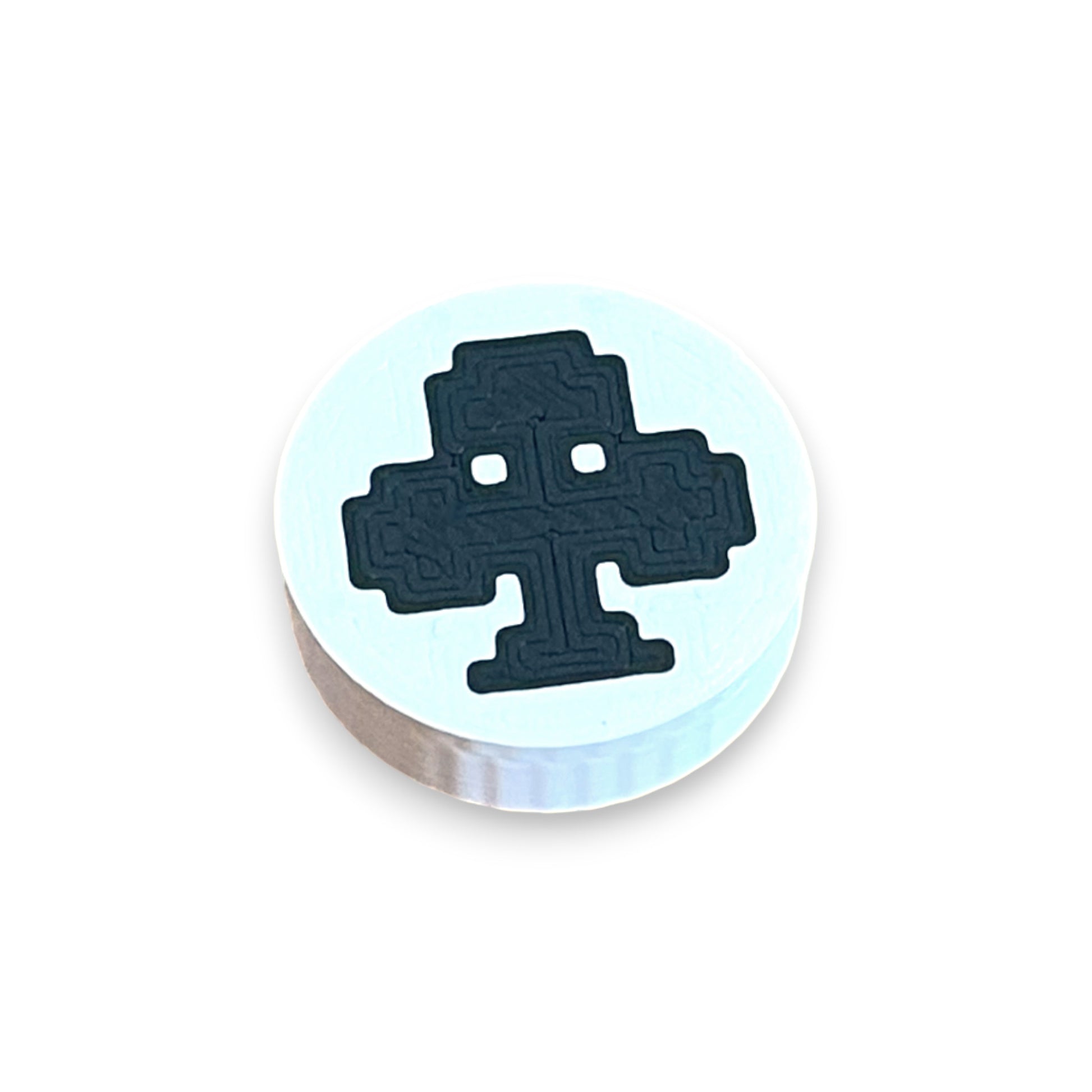 Club Low Profile Guitar Pedal Footswitch Toppers for 8.5mm / 10mm / 11mm Foot Switches. 3D printed by Cold Earth Industries, shown on a white topper with a black club on top, against a white background.