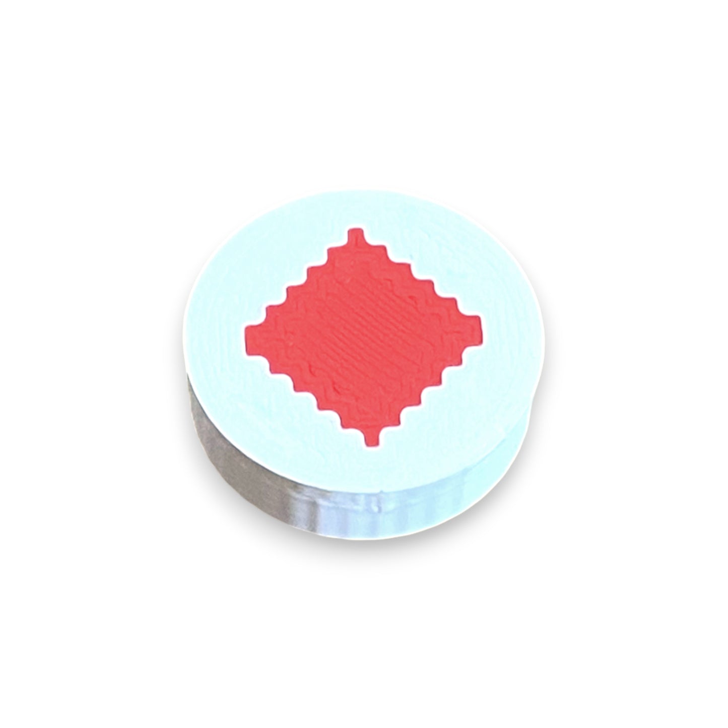 Diamond Low Profile Guitar Pedal Footswitch Toppers for 8.5mm / 10mm / 11mm Foot Switches. 3D printed by Cold Earth Industries, shown on a white topper with a red diamond on top, against a white background.