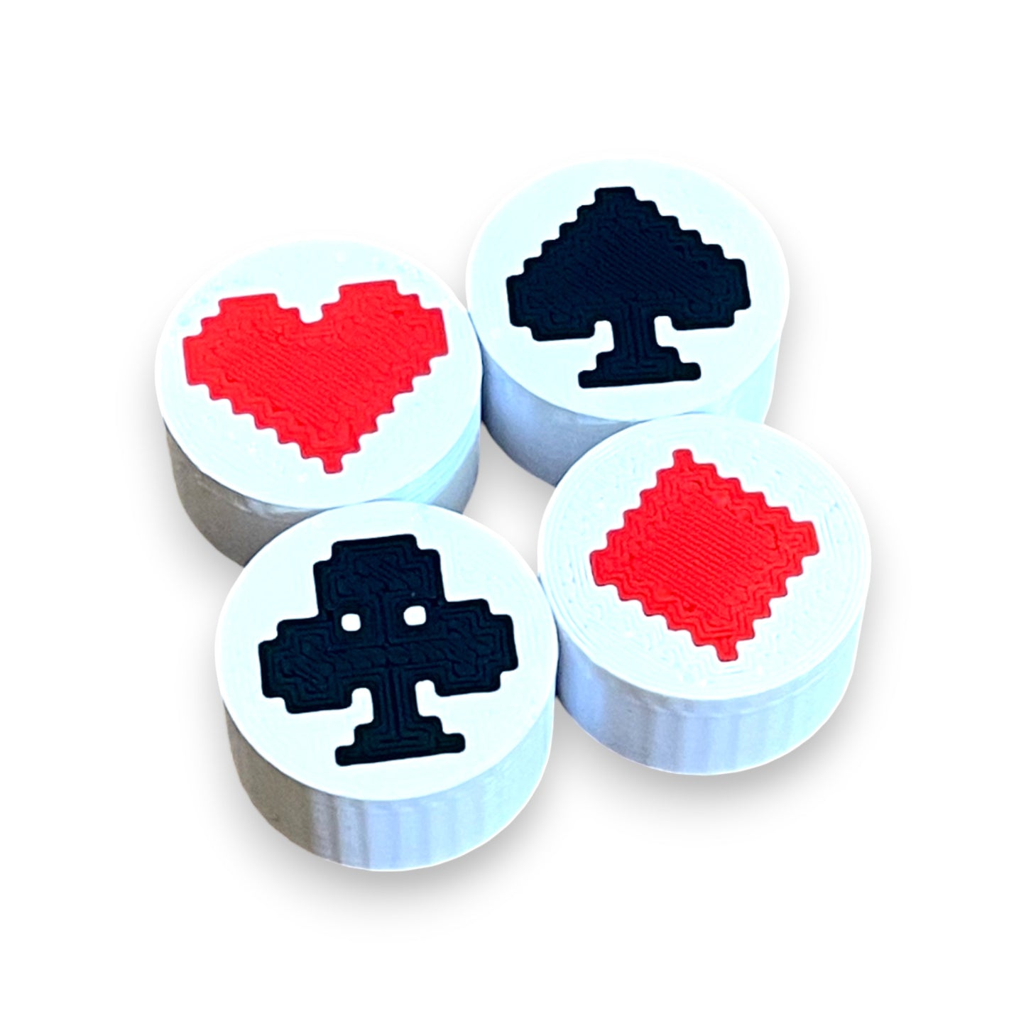 Set of 4 Card Suit Guitar Pedal Footswitch Toppers for 8.5mm / 10mm / 11mm Foot Switches. 3D printed by Cold Earth Industries, shown on a white background.