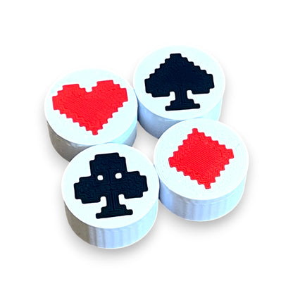 Set of 4 Card Suit Guitar Pedal Footswitch Toppers for 8.5mm / 10mm / 11mm Foot Switches. 3D printed by Cold Earth Industries, shown on a white background.